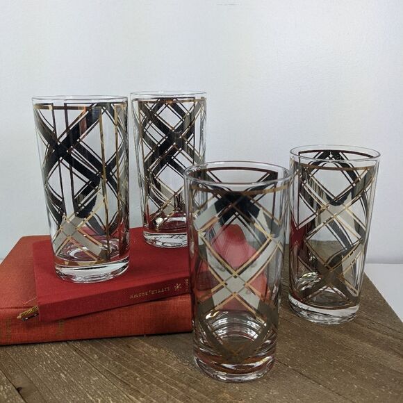Georges Briard Silver and gold plaid criss cross tumblers collins glasses cockta - Picture 1 of 7